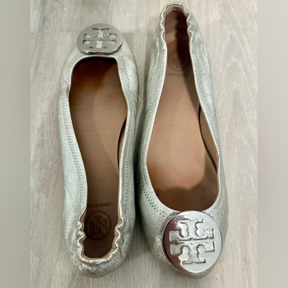 Tory Burch Minnie Travel Ballet Flat Royal Metallic Sliver Womans sz 9.5